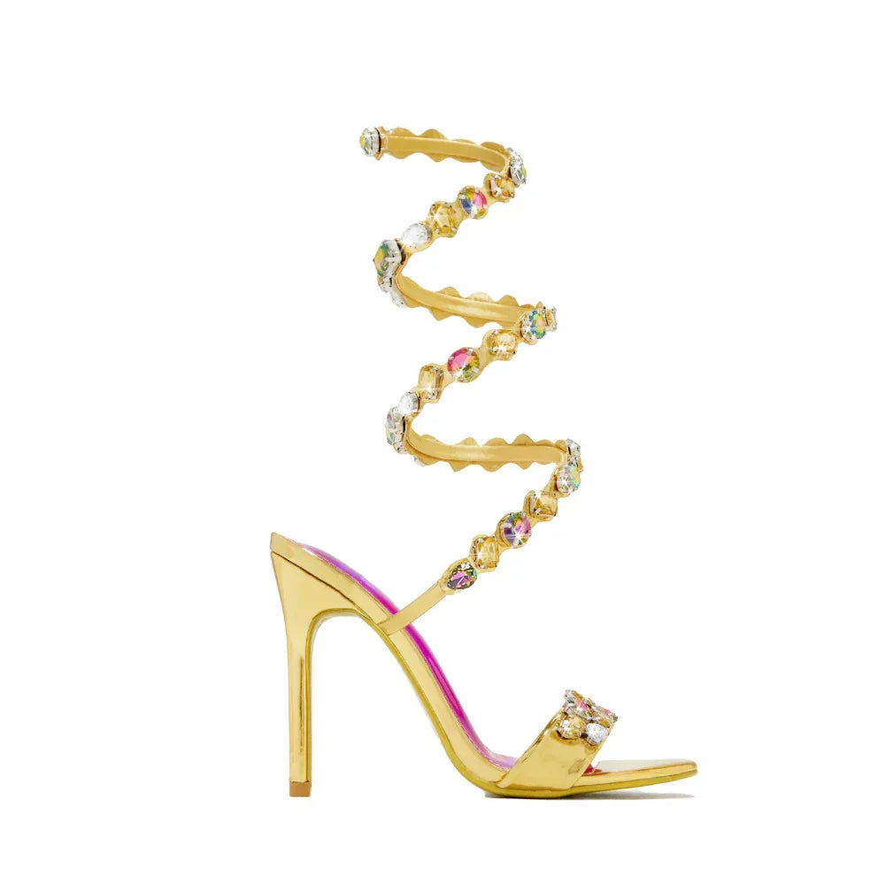 11cm Stiletto Heel Small Round Toe Satin Surface Rhinestone High-Heeled Sandals Summer Rivet
