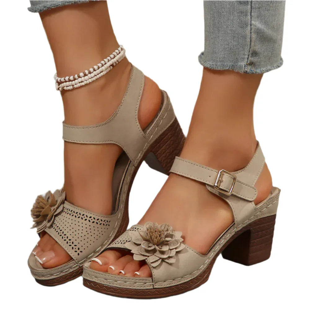 Women's Flowers Chunky Heel Sandals Summer Plus Size Platform Shoes