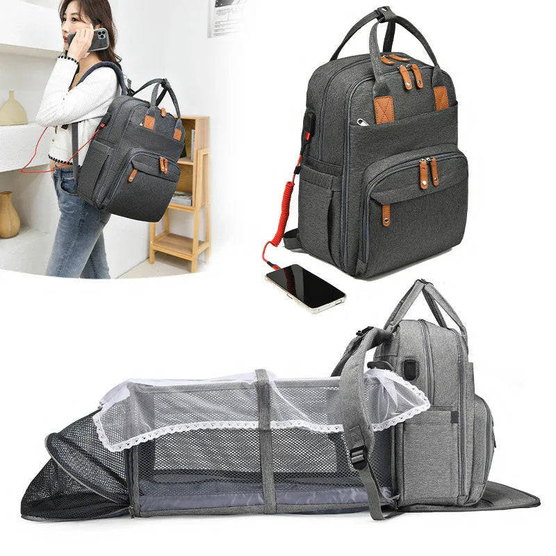 Maternity Unisex Diaper Bag With USB Charging Port Insulation Pockets Large Capacity And Portable Foldable Crib