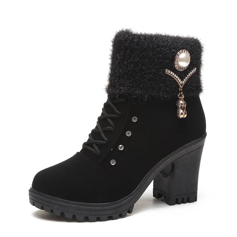 Women's Chunky Heel Lace-Up Rhinestone Martin boots