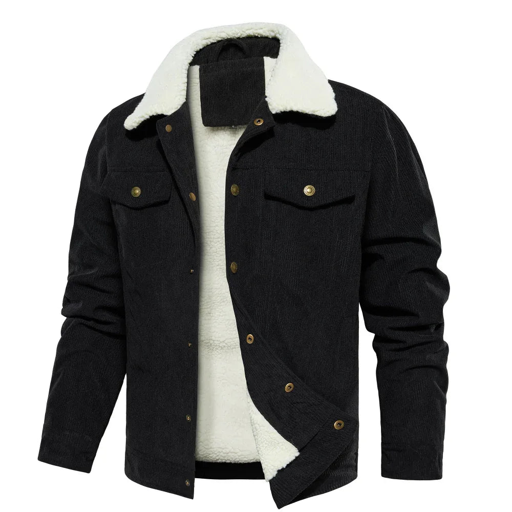 Men's Corduroy Jacket Winter Sherpa Lined Warm Thick Cargo Coat With 5 Pockets