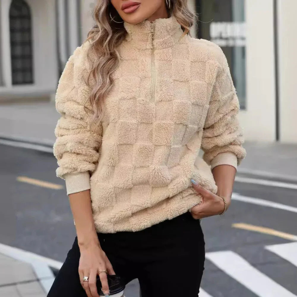 Women's Half Zipped Stand Collar Loose Plaid Plush Pullover Sweater