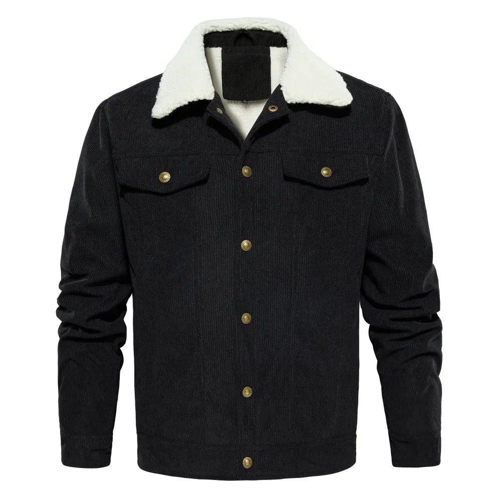 Men's Corduroy Jacket Winter Sherpa Lined Warm Thick Cargo Coat With 5 Pockets