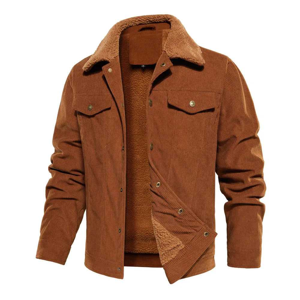 Men's Corduroy Jacket Winter Sherpa Lined Warm Thick Cargo Coat With 5 Pockets