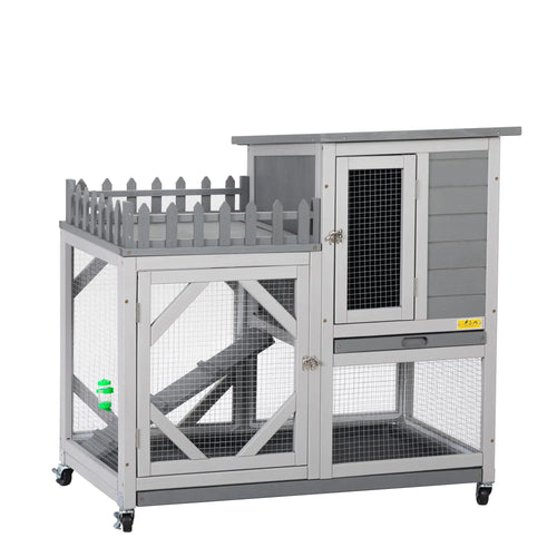 cozivvovv Rabbit Hutch with Balcony - Small Animal House Bunny Cage on Wheels for Indoor Outdoor Included Ramp Pull Out Tray Water Bottle Grey