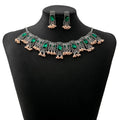 Vintage Emerald Earrings & Necklace Ethnic Style Square Tassel Bead Jewelry Set