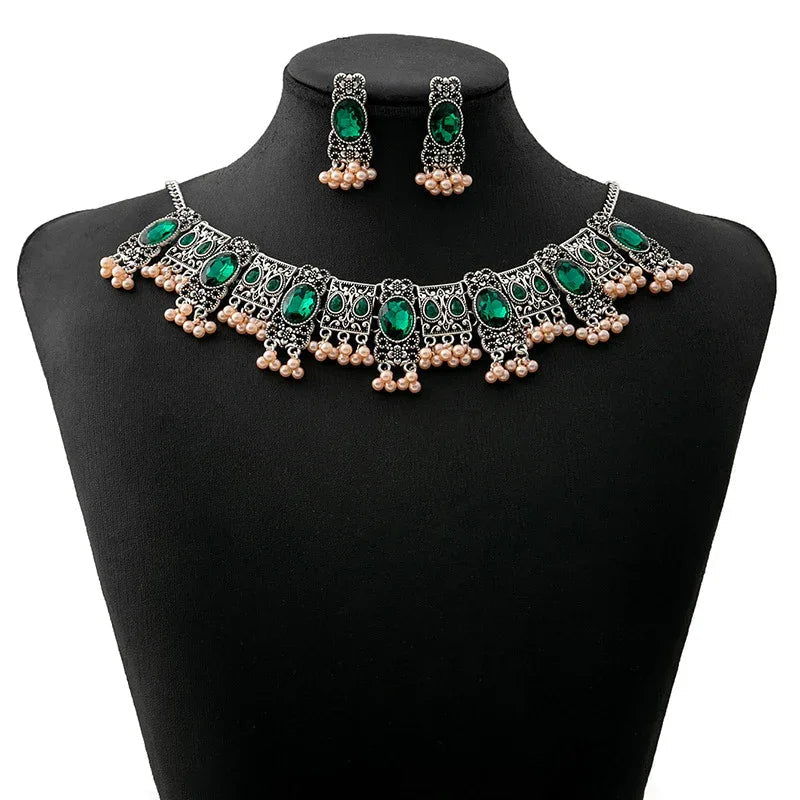 Vintage Emerald Earrings & Necklace Ethnic Style Square Tassel Bead Jewelry Set