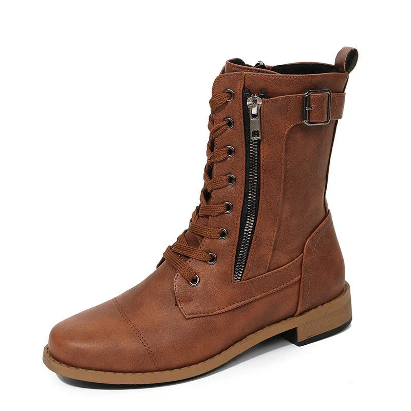 Lace-Up Western Cowboy Boots With Side Zipper Shoes For Women
