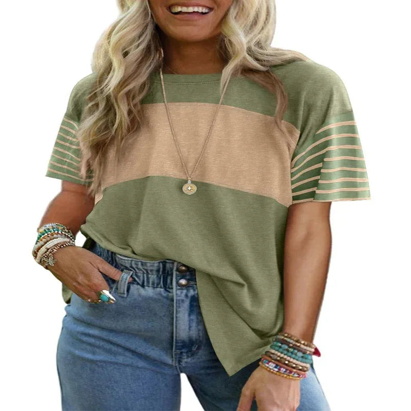 Women's Pullover Crew Neck Casual Striped Contrast Color Short Sleeve T-Shirt