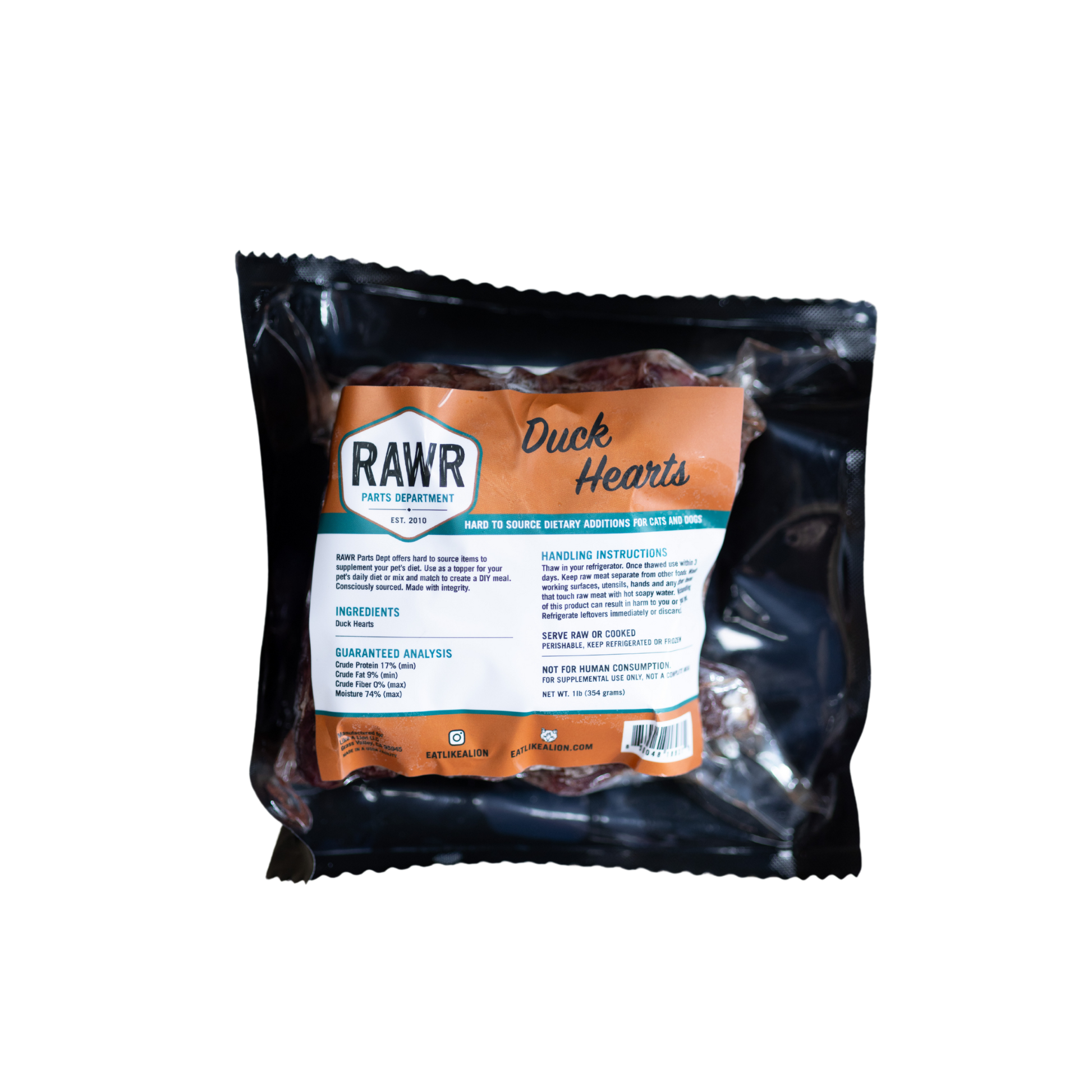 Rawr Frozen Raw Duck Hearts for Dogs & Cats