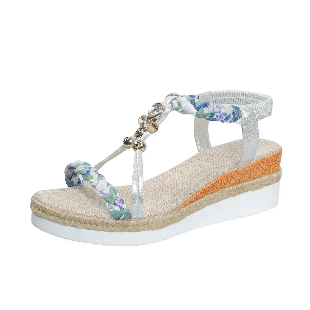 Round Toe Flat Bottom Wedge Woven Beads Sandals For Women