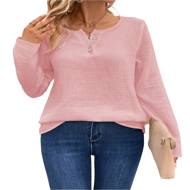 Women's Comfortable Long Sleeve Button Pullover Top T-Shirt