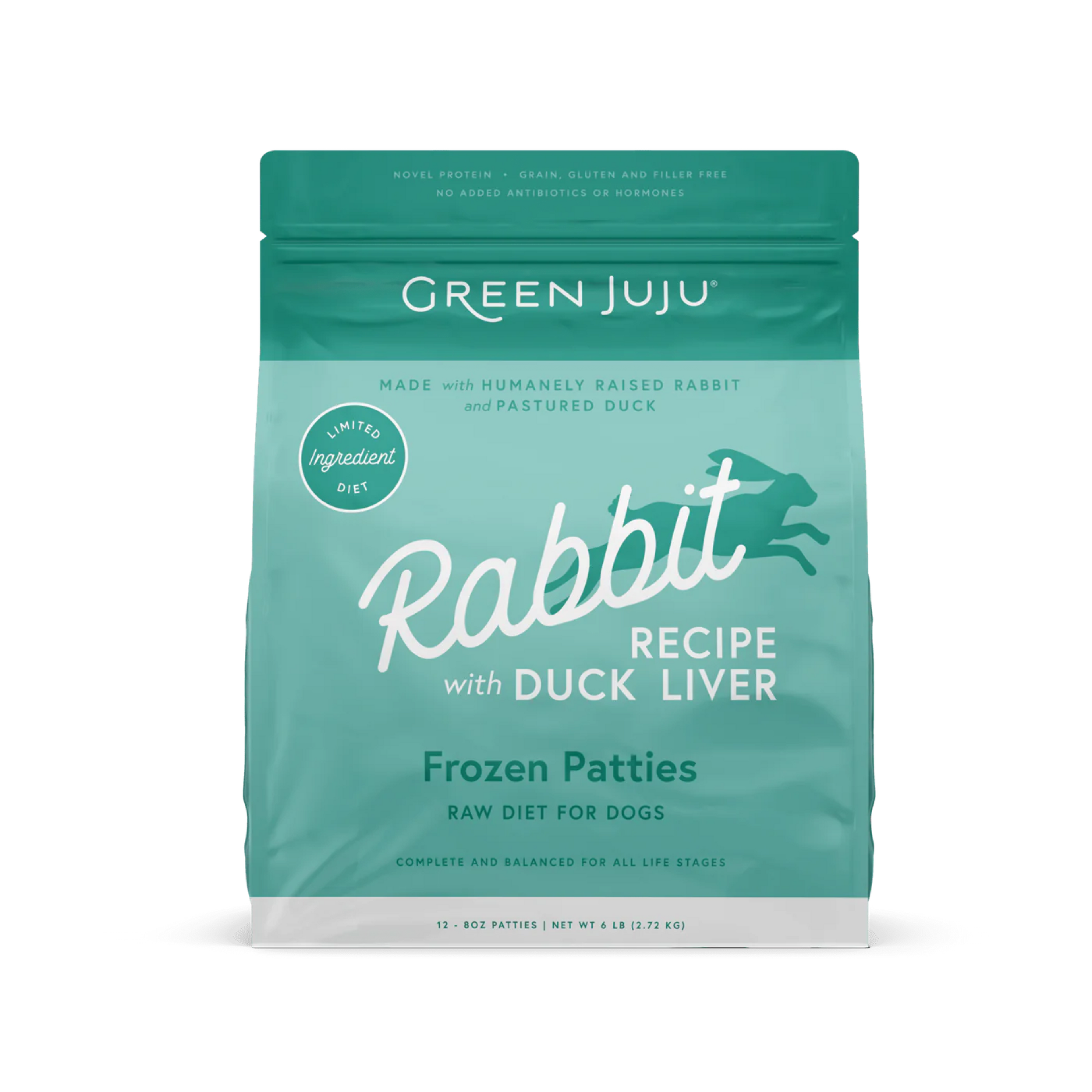 Green Juju Rabbit Recipe with Duck Liver Frozen Patties & Sliders Raw Dog Food