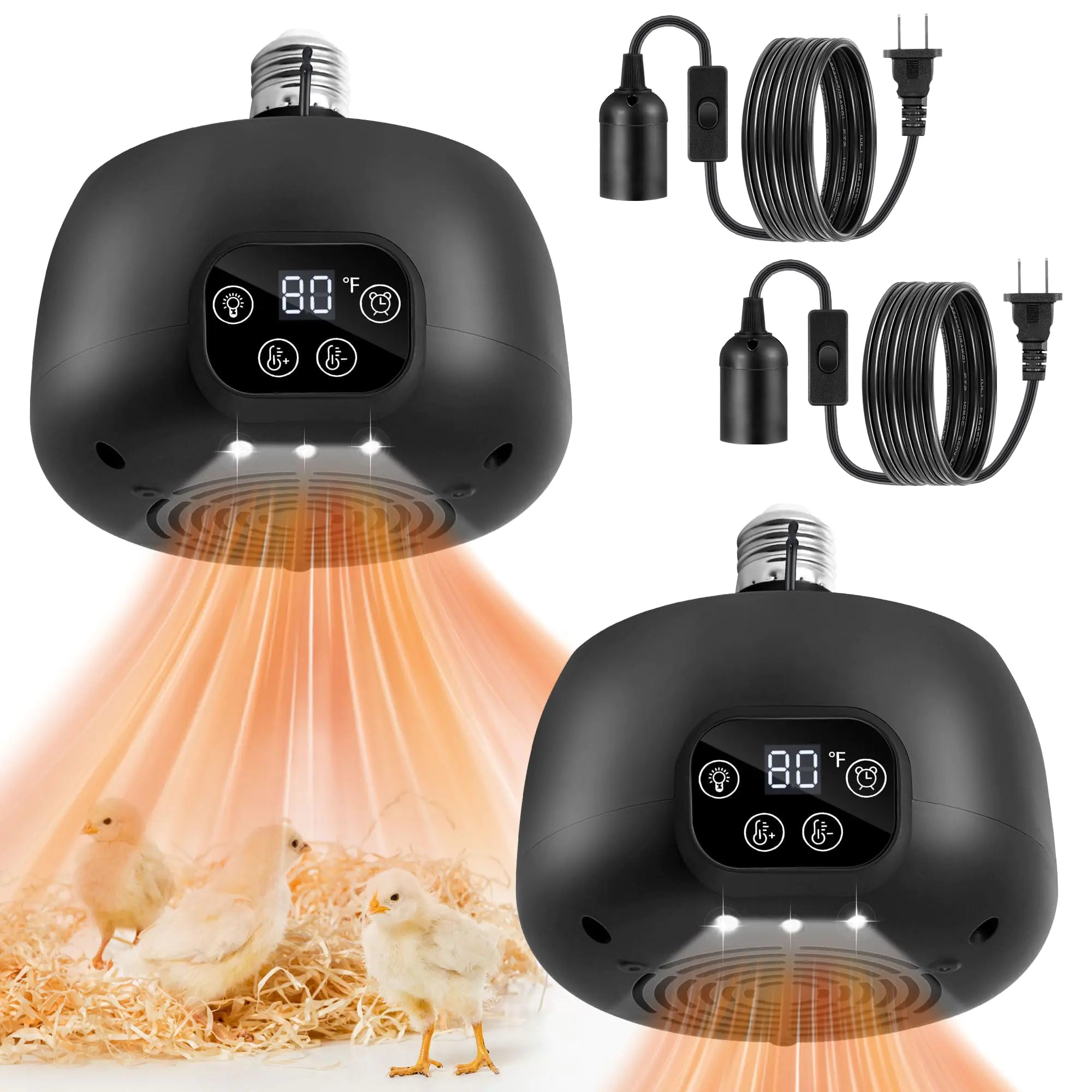 2 Pack Chicken Coop Heater 200W Chicken Heater with Lights and Temperature Control. Digital Display 5Ft Cable Chicken Brooder Heater for Reptiles/Lizard（Remote not Include）