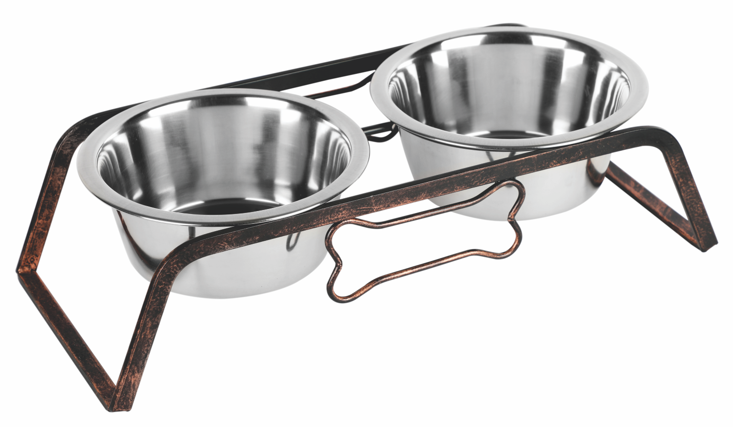 Rustic Elevated Double Dog Bowl Stand with Bone Design | Stainless Steel Bowls | Relieves Joint Strain | Indoor/Outdoor