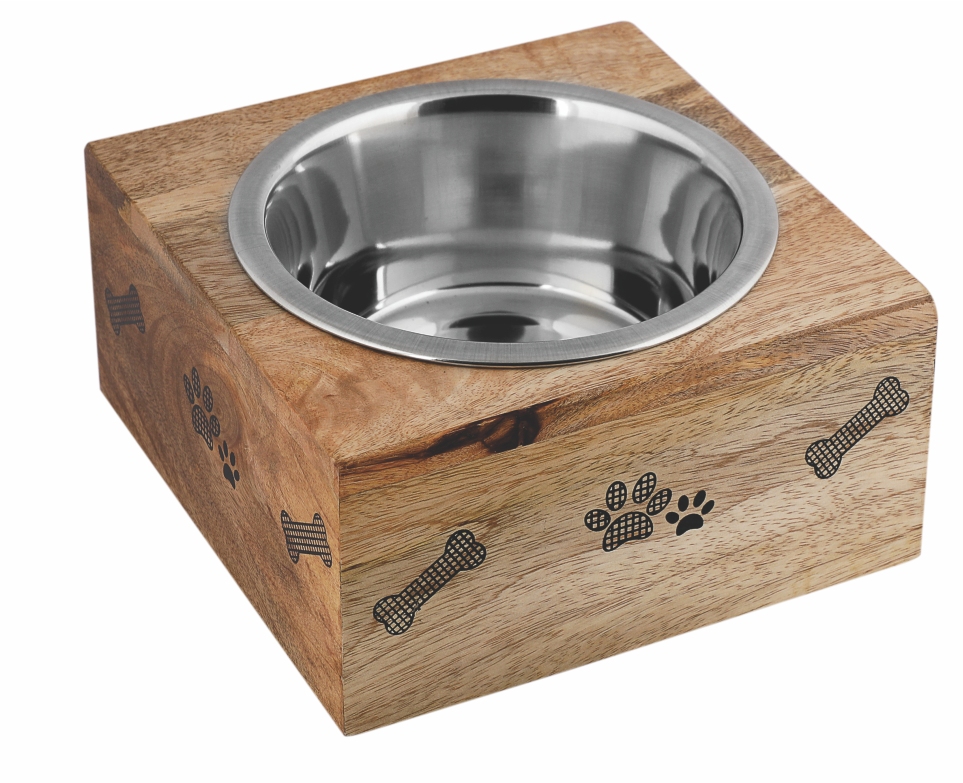 Natural Wood Pet Bowl with Stainless Steel Insert – Non-Skid Mango Wood Dog & Cat Feeder – Handcrafted