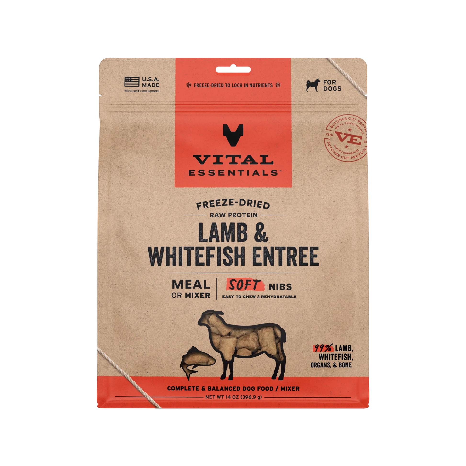Vital Essentials Freeze-Dried Raw Lamb & Whitefish Entree Soft Nibs Meal or Mixer for Dogs