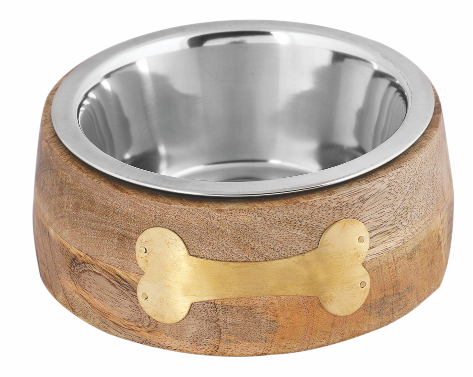Copper Finish Wooden Pet Bowl – Handcrafted Mango Wood Sleeve with Removable Stainless Steel Dish – S/M/L Sizes