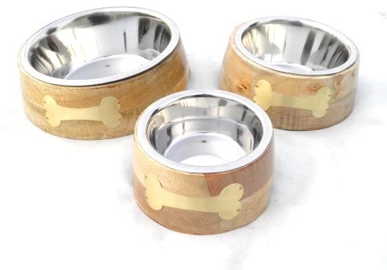 Wooden Pet Bowl with Copper Bone | Mango Wood Dog Feeder | Removable Stainless Steel Bowl | Non-Slip | 3 Sizes