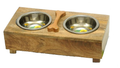 Wooden Double Dog Bowl Diner with Bone Design | Handcrafted Mango Wood Feeder | Non-Skid & Dishwasher Safe