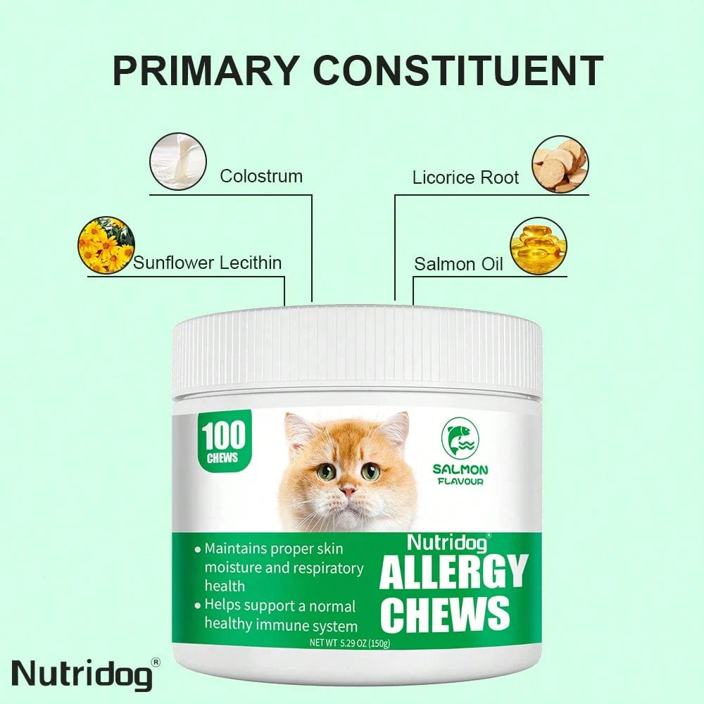 Allergy Relief Chews for Cats – Immune Support with Colostrum, Probiotics & Salmon Oil (100 Count)