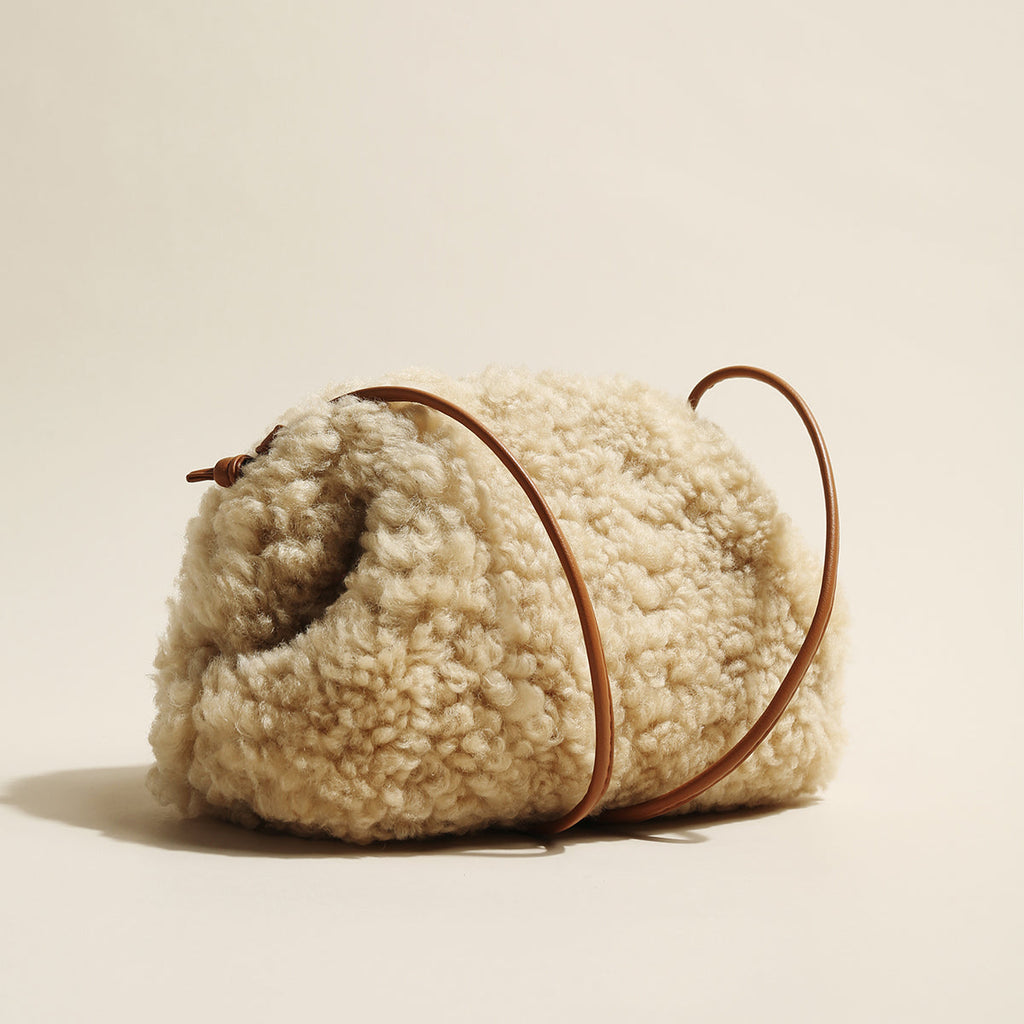 Apricot Beige Furry Double Thin Strap Shoulder Bag