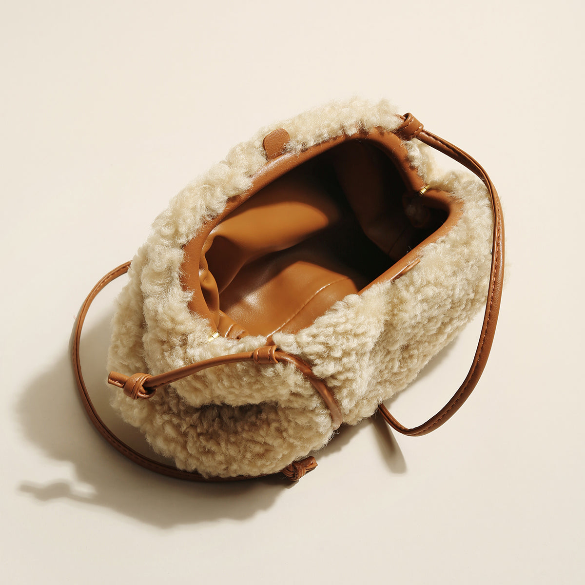 Apricot Beige Furry Double Thin Strap Shoulder Bag