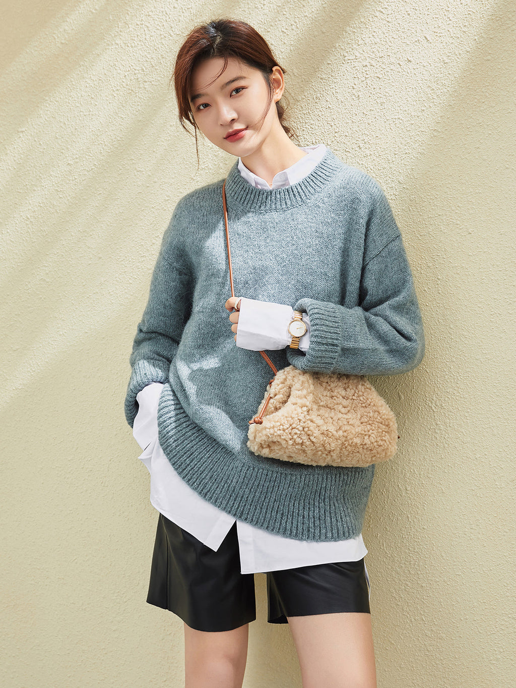 Apricot Beige Furry Double Thin Strap Shoulder Bag