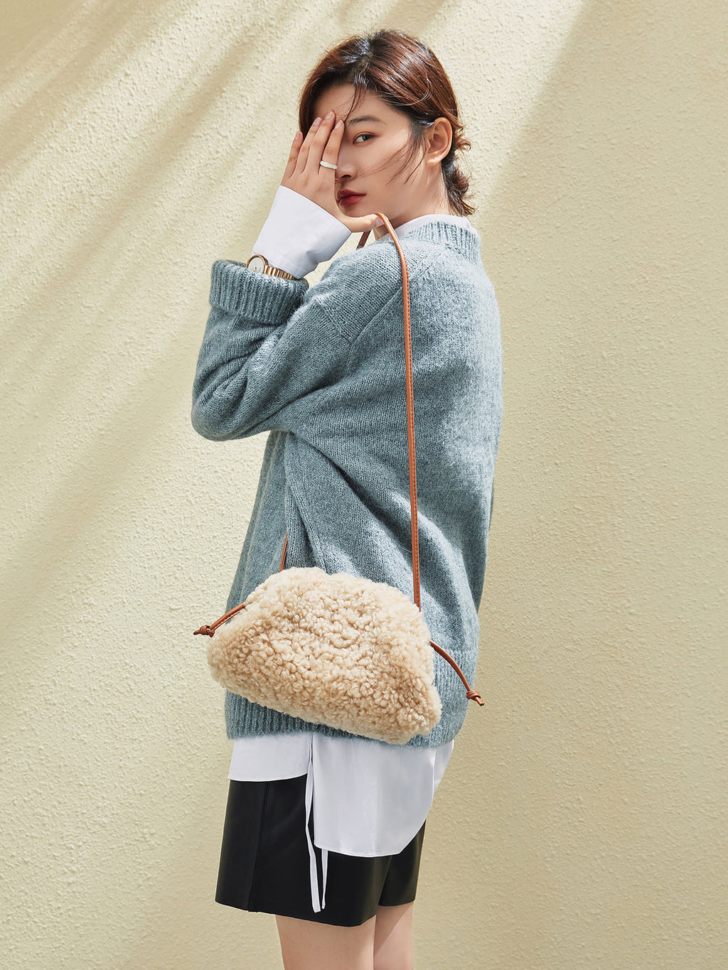 Apricot Beige Furry Double Thin Strap Shoulder Bag