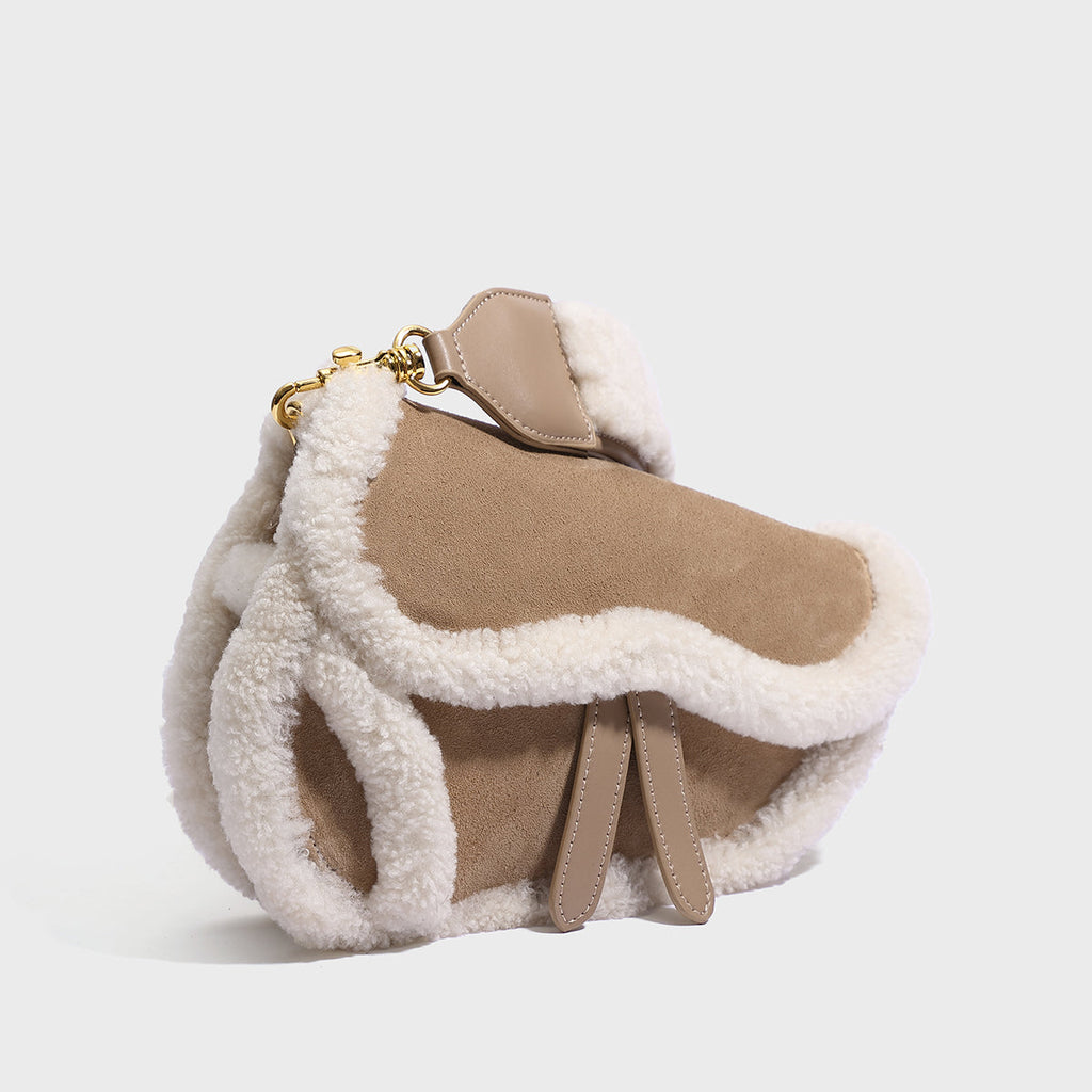 Apricot Beige Furry Saddle Shoulder Bag