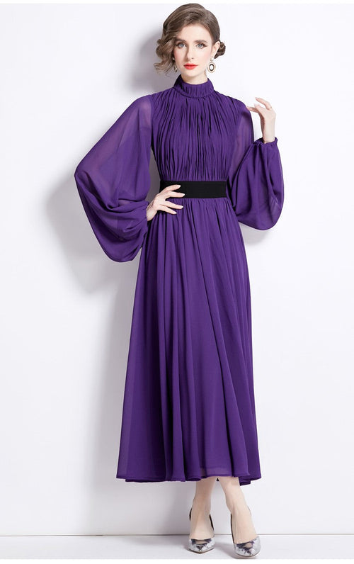 Cinched Waist Flowing Purple Chiffon Maxi Dress