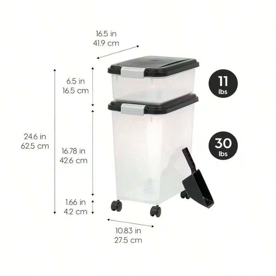 Airtight Stackable Dog & Cat Food Storage Container – 10 lb & 30 lb Sizes with Wheels & Treat Container