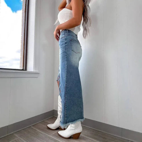 Denim High Waist Irregular Raw Hem Worn Looking Washed-Out Skirt