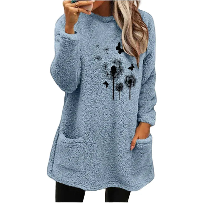 Women's Round Neck Pullover Long Sleeve Pocket Embossed Double-Sided Velvet Sweater