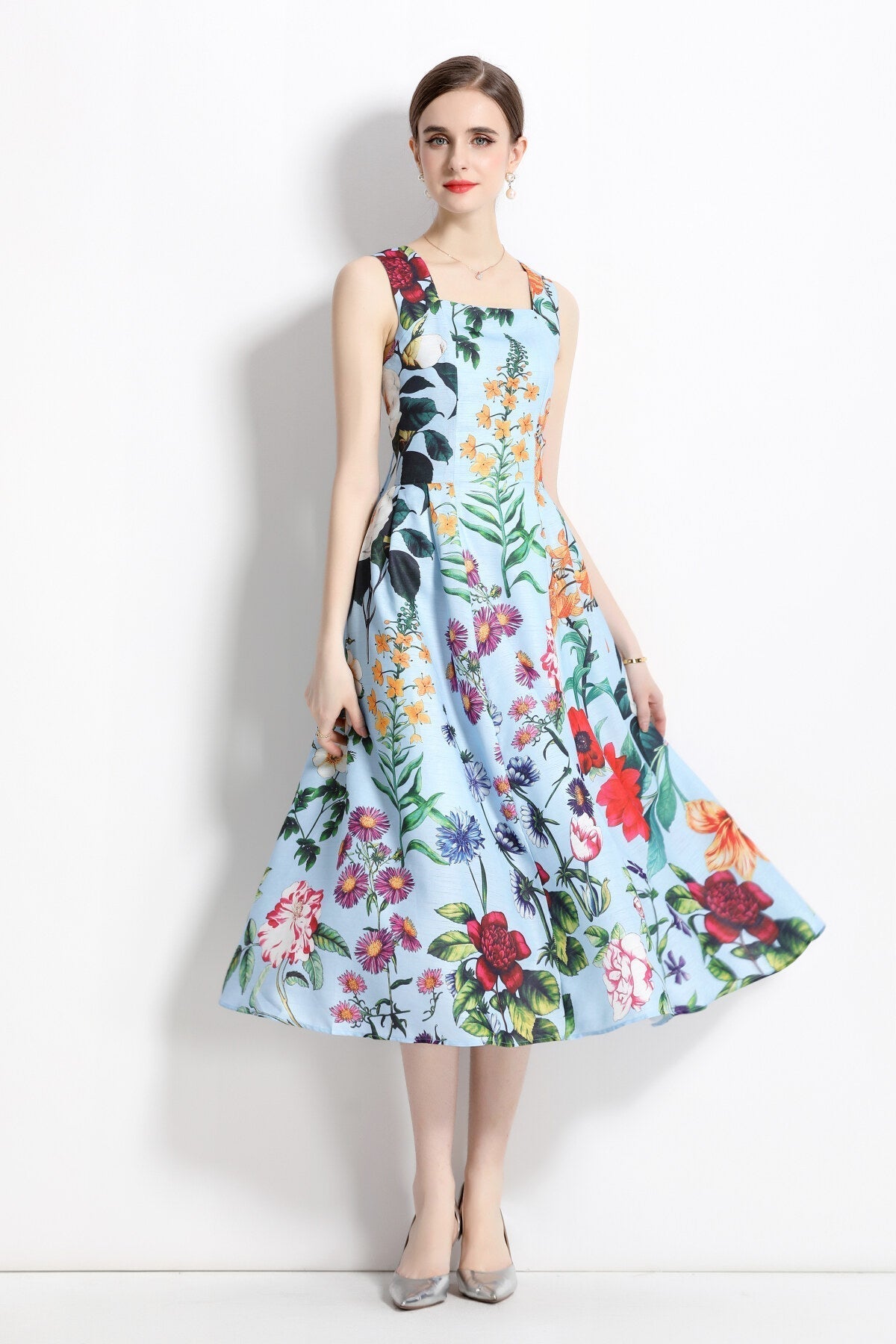 French Vintage Blue Floral High Waist Thick Strap Dress