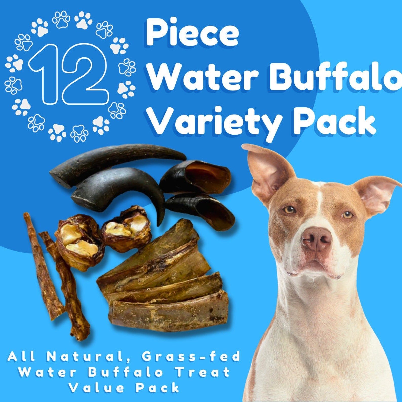All-Natural Water Buffalo Dog Treat Pack – 12-Piece Grass-Fed, Hormone-Free Chews | Horns, Kneecaps, Rib Bones, Tails & Hooves