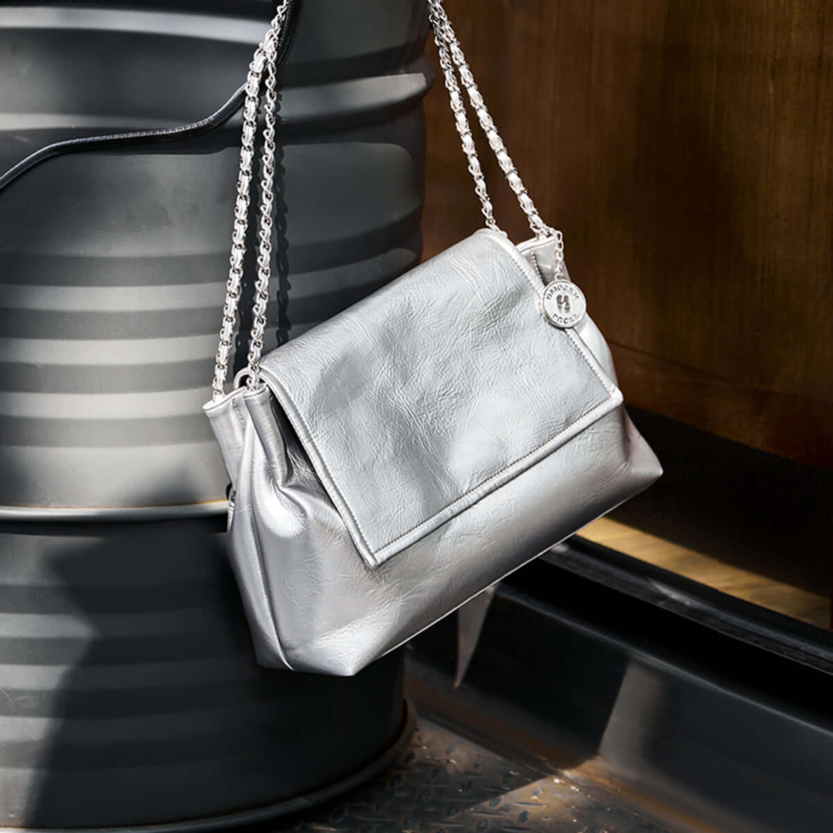 Metallic Leather Chain Strapped Shoulder Bag