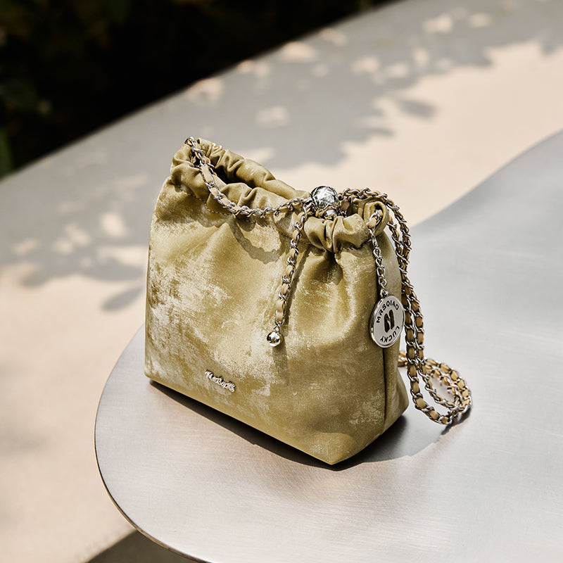 Metallic Leather Pleated Chain Strap Bag