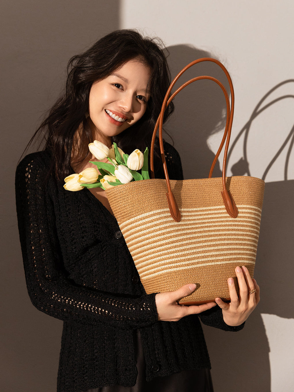 Natural Straw Woven Basket Tote Bag