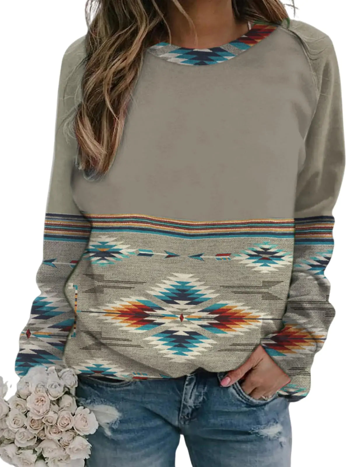 HOTYD Womens Vintage Western Sweatshirts Ethnic Aztec Printed Graphic Sweatshirts for Women Long Sleeve Sweatshirts for Women Crew Neck Sweatshirts for Women Vintage Sweatshirt Geometric Grey S