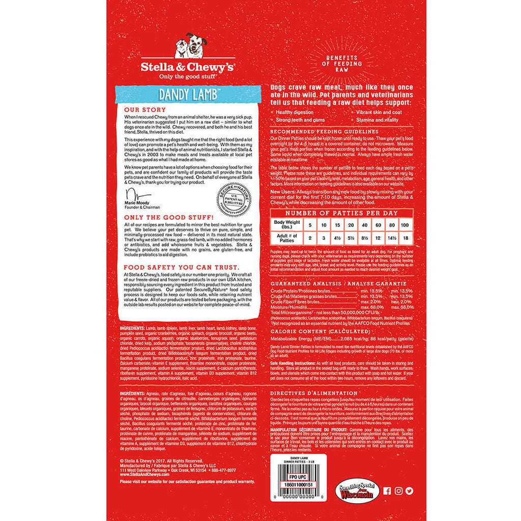 Stella & Chewy's Frozen Raw Dandy Lamb Patties for Dogs