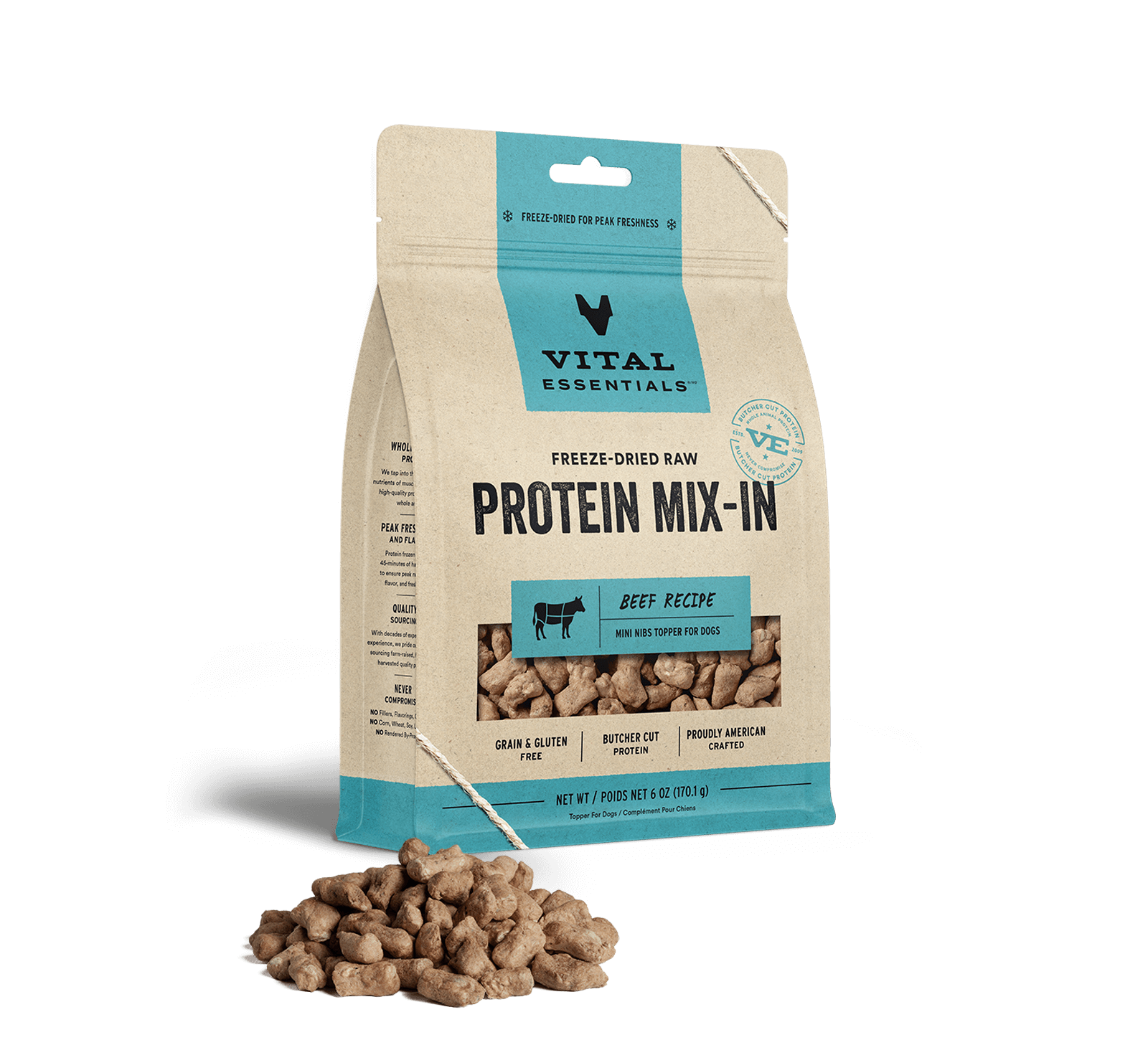 Vital Essentials Freeze Dried Raw Protein Mix-In Beef Recipe Mini Nibs Topper for Dogs