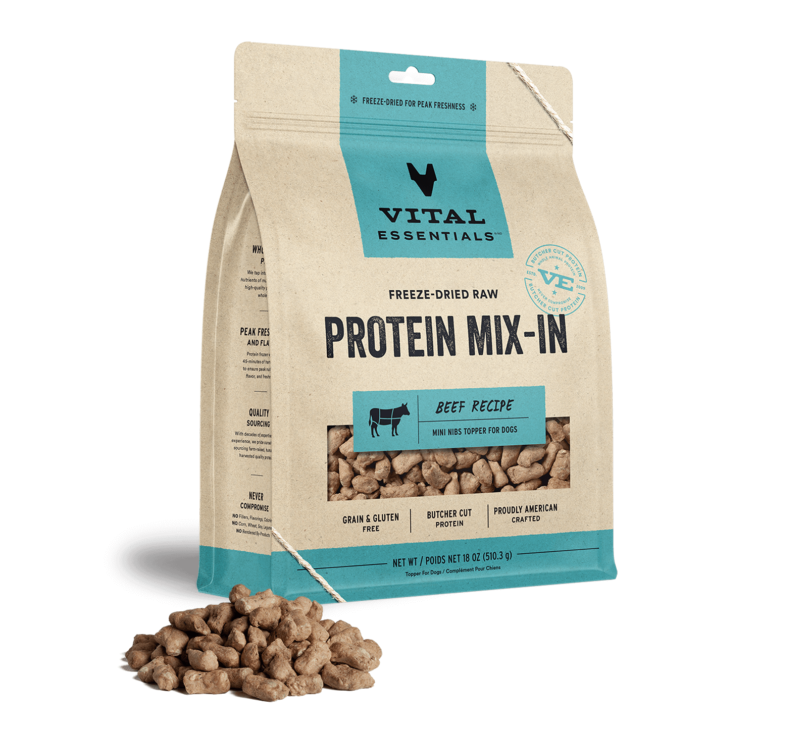 Vital Essentials Freeze Dried Raw Protein Mix-In Beef Recipe Mini Nibs Topper for Dogs