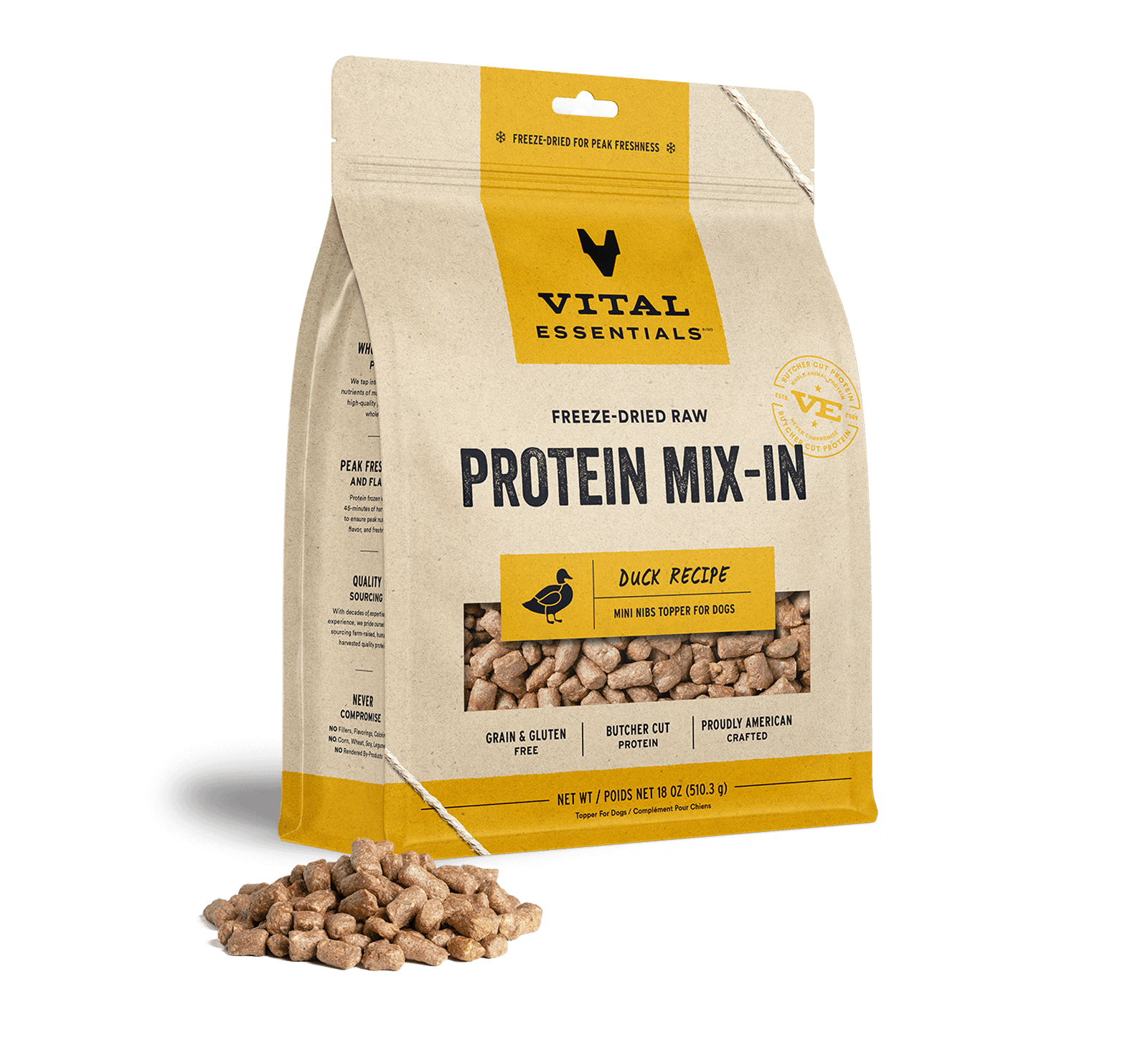 Vital Essentials Freeze Dried Raw Protein Mix-In Duck Recipe Mini Nibs Topper for Dogs