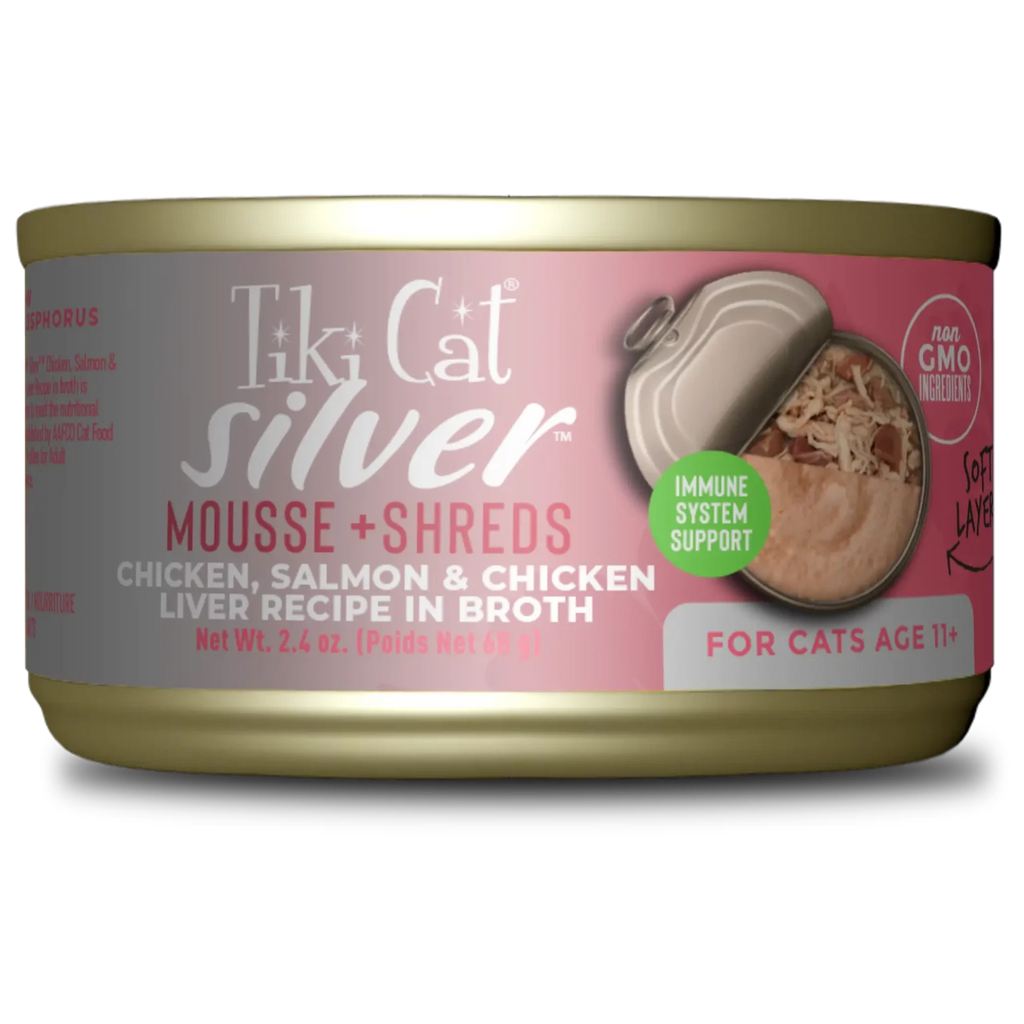 Tiki Cat® Silver™ Mousse & Shreds Chicken, Salmon & Chicken Liver Recipe Wet Cat Food