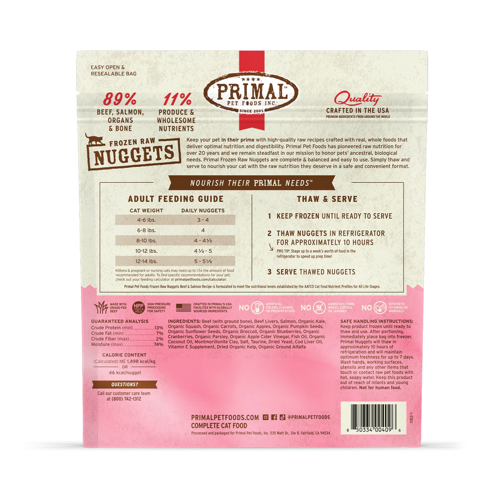 Primal Pet Foods Frozen Raw Nuggets Cat Food Beef & Salmon Recipe