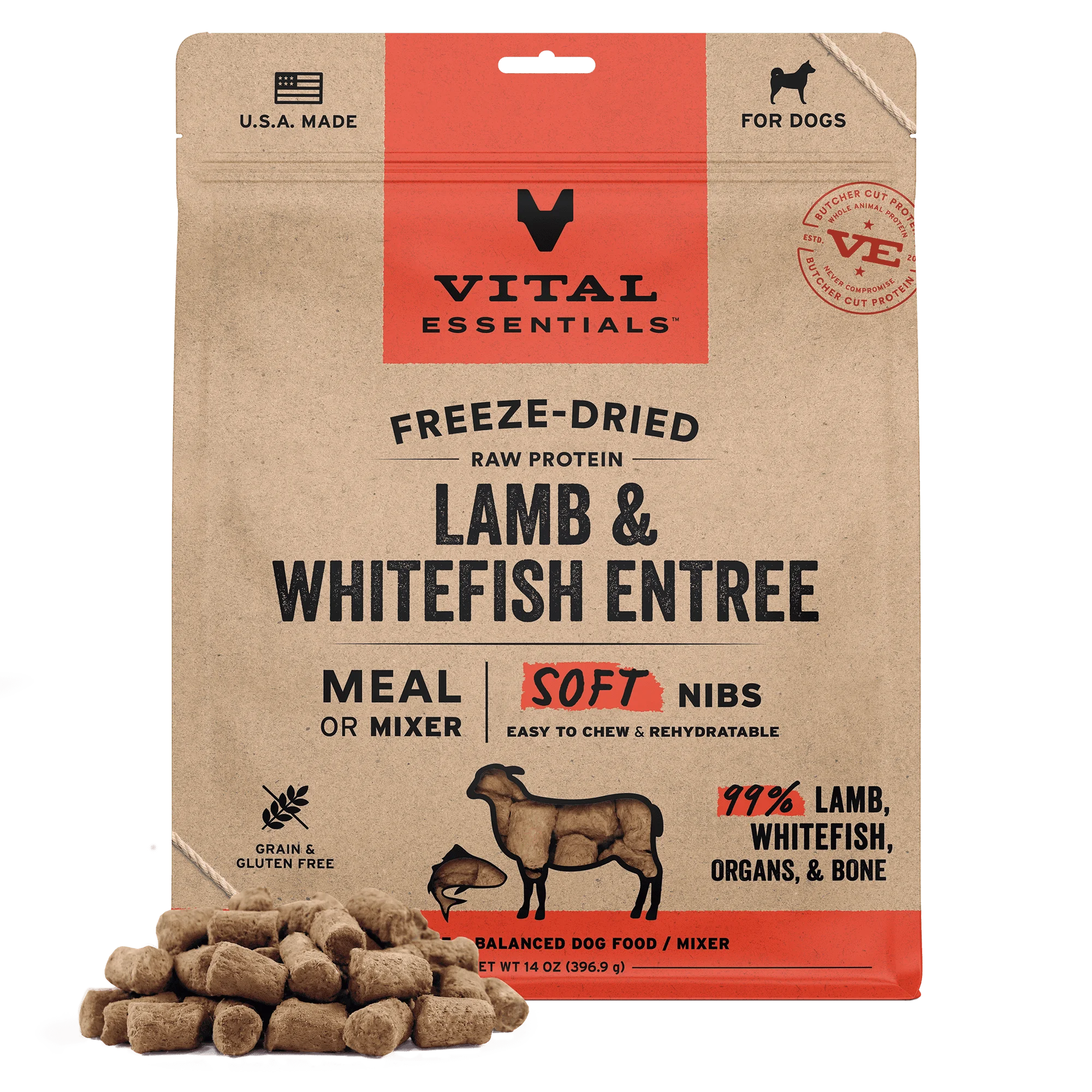 Vital Essentials Freeze-Dried Raw Protein Lamb & Whitefish Soft Nibs Meal or Mixer Dog Food