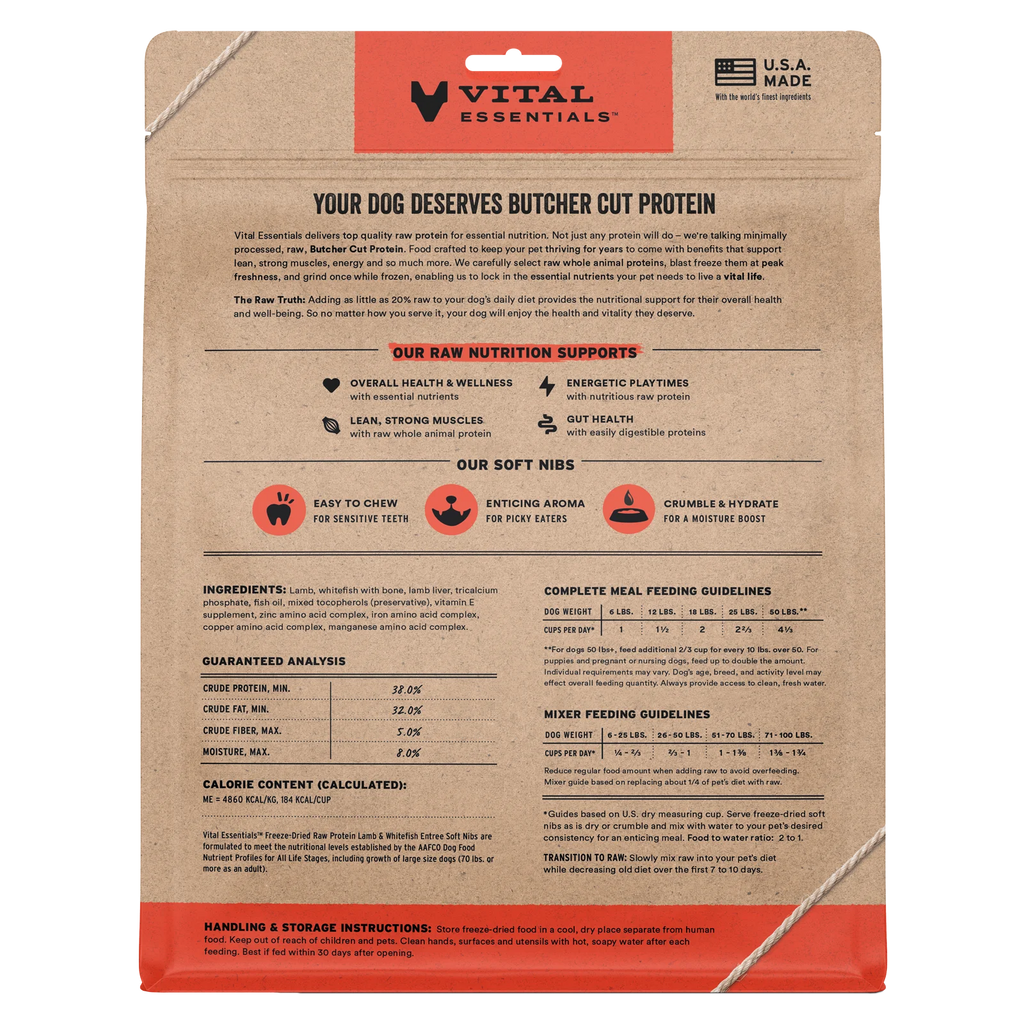 Vital Essentials Freeze-Dried Raw Protein Lamb & Whitefish Soft Nibs Meal or Mixer Dog Food