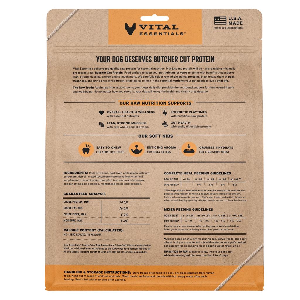 Vital Essentials Freeze-Dried Raw Protein Pork Soft Nibs Meal or Mixer Dog Food