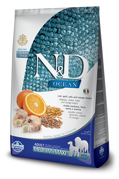 Farmina N&D Ocean Cod, Spelt, Oats & Orange Adult Medium & Maxi Dry Dog Food